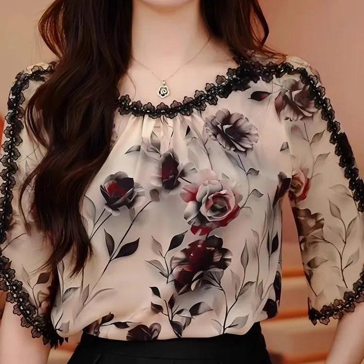 Blouse de style occidental en mousseline de printemps et d'automne à fleurs à manches courtes Chemise super féerique Été Femmes