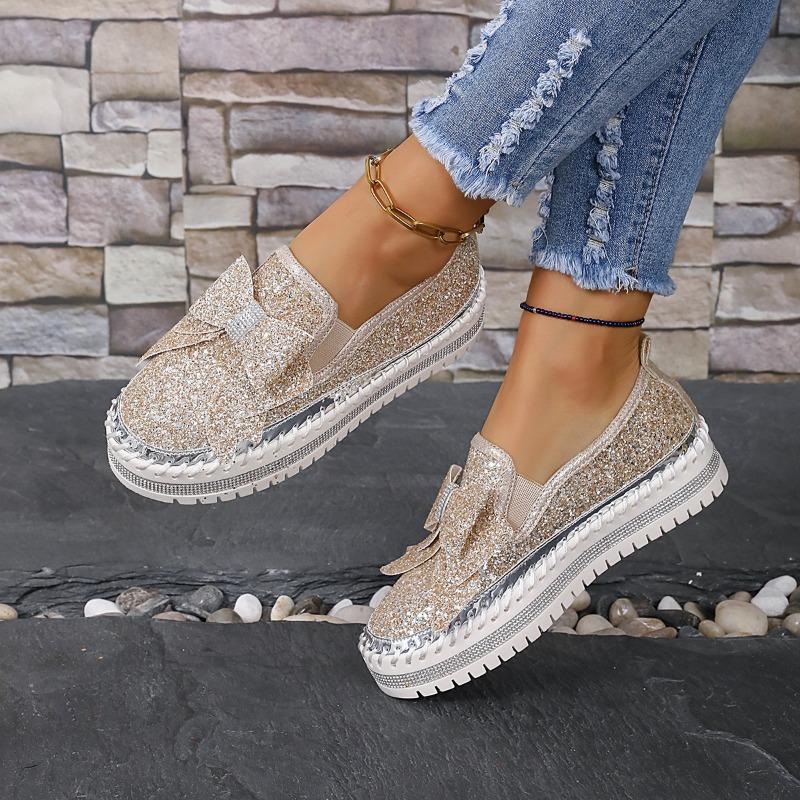 Large size rhinestone bow shallow mouth women's spring and autumn new one-pedal platform lazy shoes
