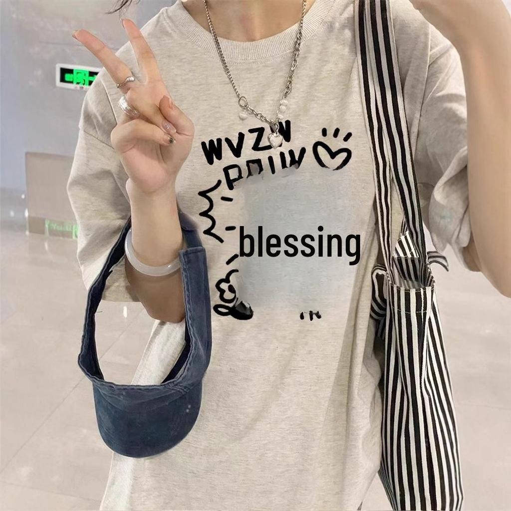 2025 Women's Loose-Fit Cartoon Cotton Tee - Large Size, Short-Sleeved, Summer Design