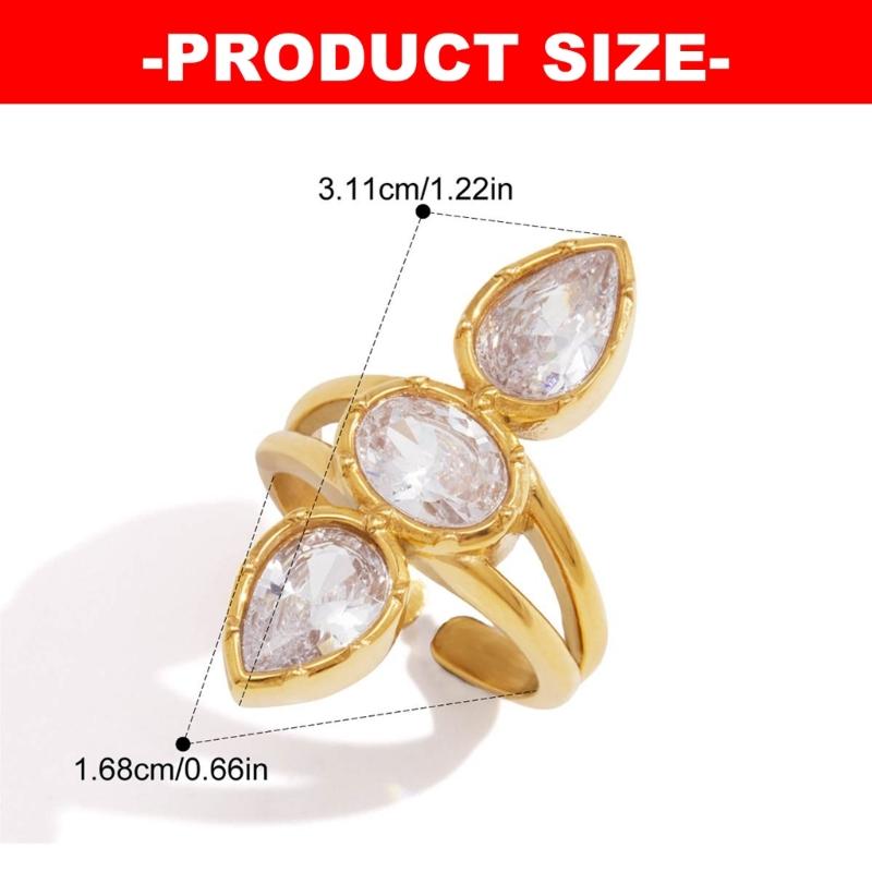 Open Wrap Zircon Ring for Women, Adjustable Stainless Steel Three Stone Statement Ring for Date Night, Daily Wear, and Everyday Outfits