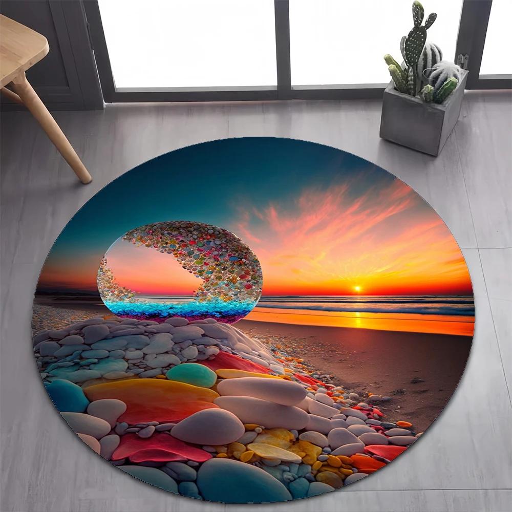 2025 New Style Colorful Pebble Rainbow Road Beach Stone Round Carpet Rug for Bedroom Living Room Decoration,pet Decor Floor Mat
