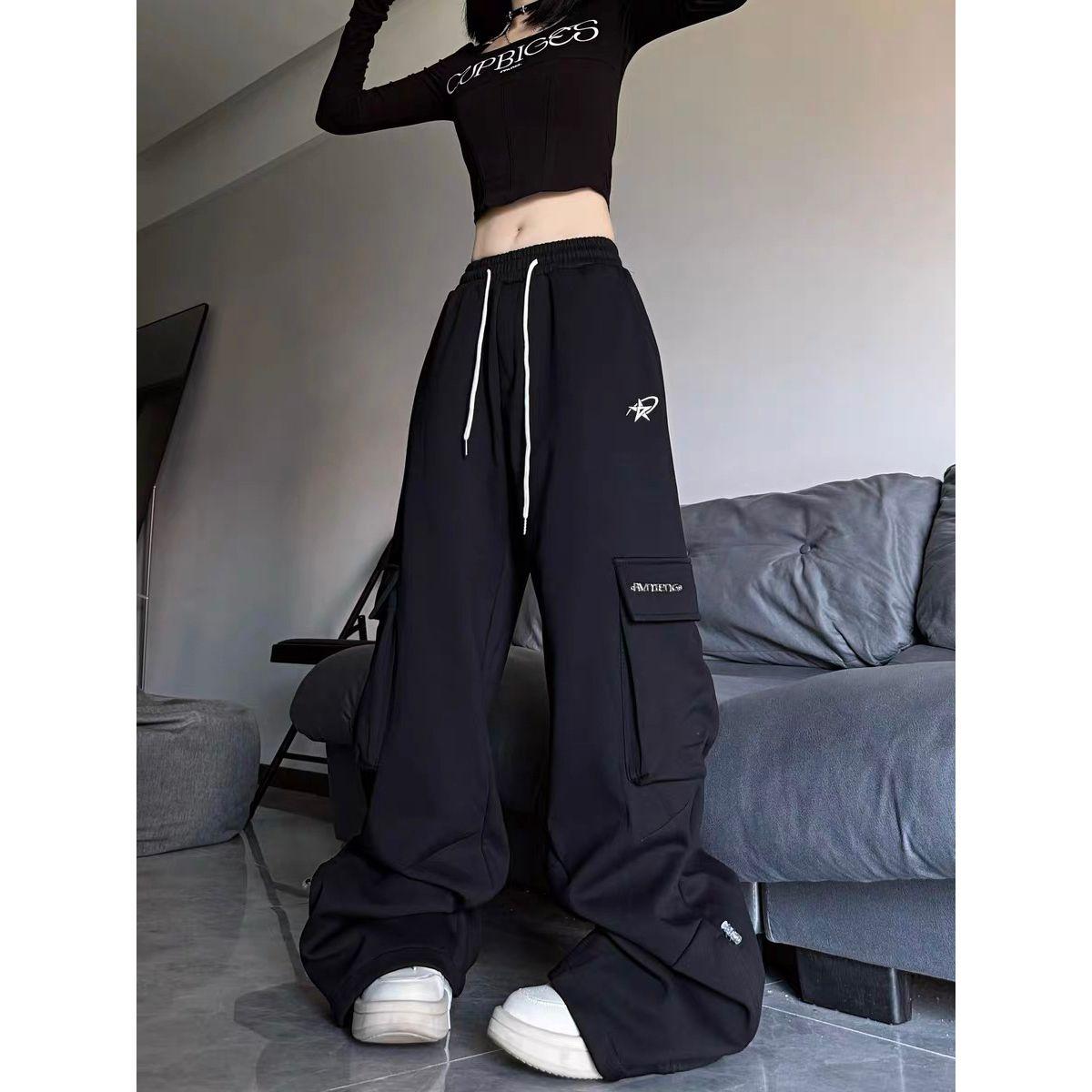 

Ретро карманные спортивные брюки женские весенне-осенние прямые свободные утягивающие танцевальные повседневные спортивные штаны брюки на шнурке M