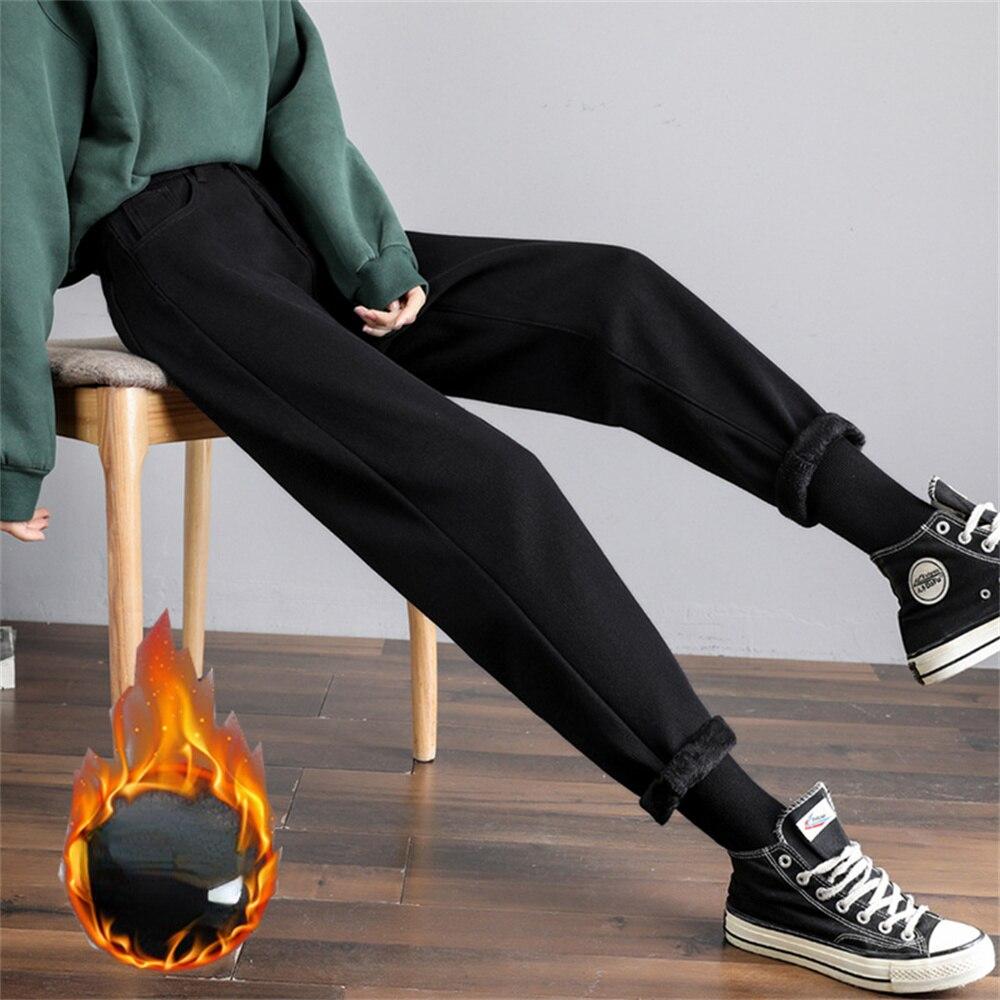 2022 New Fashion Autumn Winter High Waist Loose Fleece Warm Loose Straight High Casual Denim Pants Plus Velvet Warm Retro Jeans