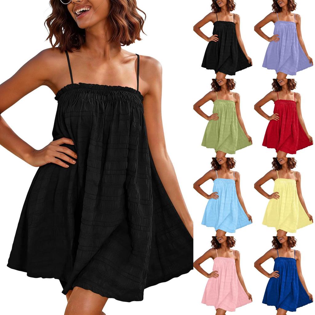Women Sleeveless Loose Fit A-Line Mini Dress with Spaghetti Straps and Pockets Lightweight Summer Casual Dress