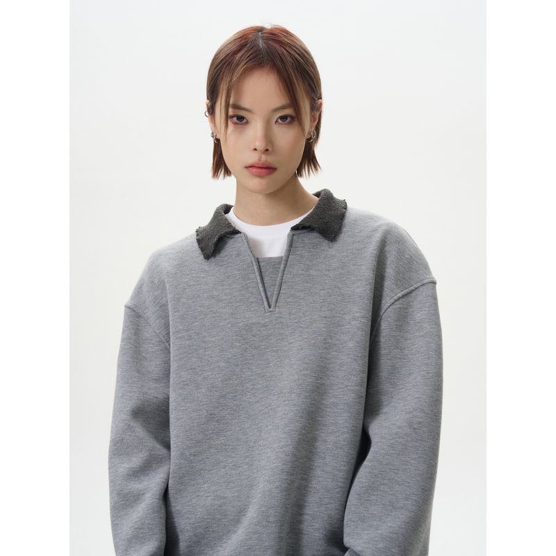 Kisko High-End Retro Patchwork Color-Block V-Neck Pullover Sweatshirt for Men and Women, Simple Casual Cleanfit Top Trendy