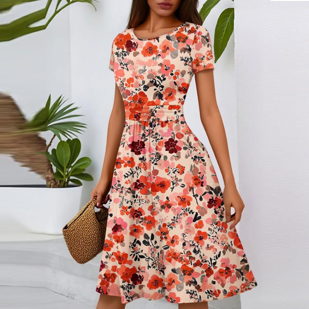 Women's Casual Fashion Round Neck Pleated Short Sleeve Floral Print A-Line Midi Dress