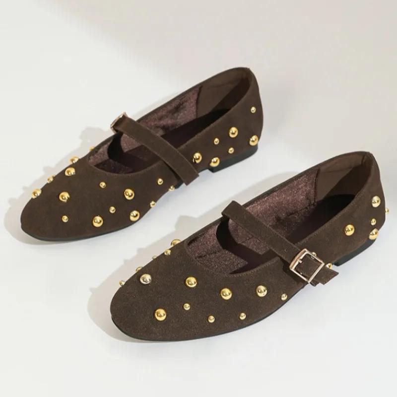 2025 Summer Brand Mary Jane Shoes for Women Fashion Rivet Suede Classic Retro Brown Casual Soft Bottom Comfortable Ladies Flats