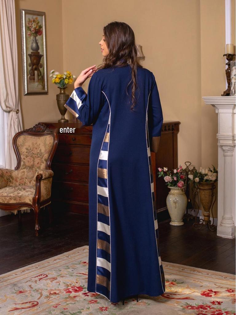 AB052 Women's Embroidered Striped Abaya - Middle East Arabic Muslim Robe