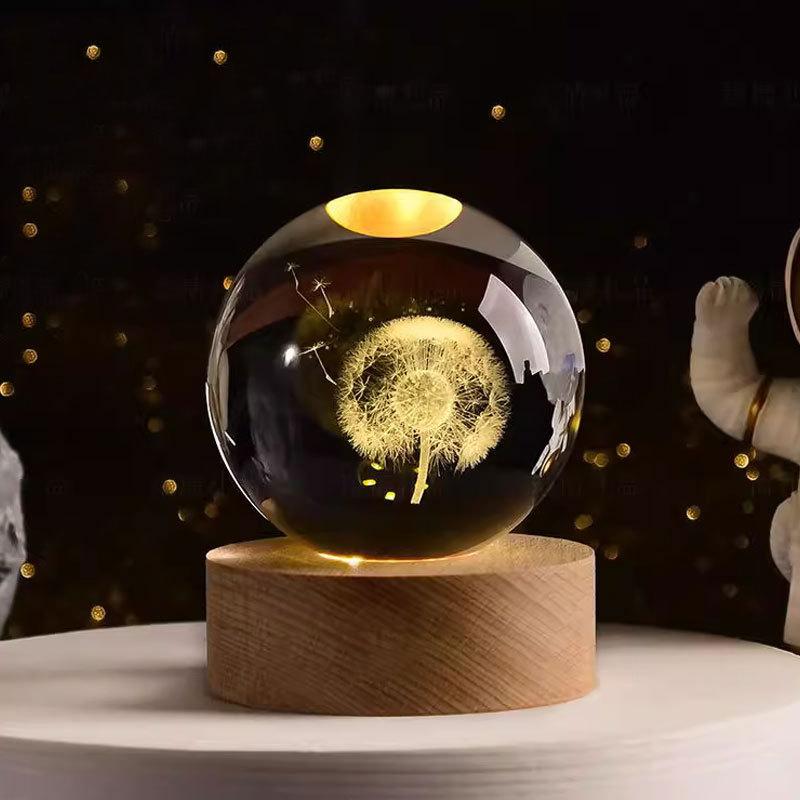 8cm Crystal Ball Night Light Galaxy 3D Laser Engraved Ornament Wooden Galaxy Night Lamp