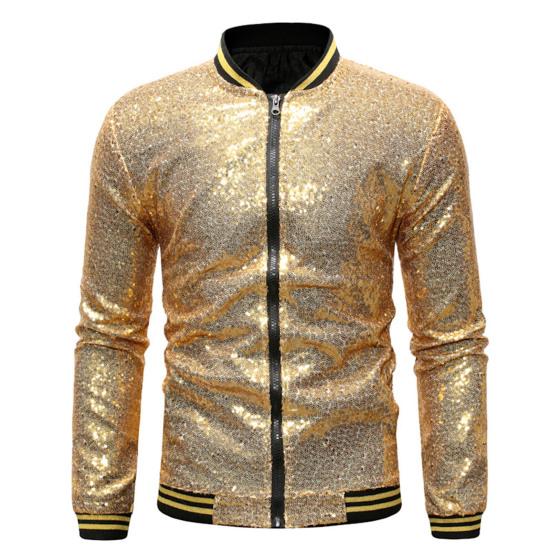 Men Sequin Jacket Stand Collar Shiny Long Sleeves Slim Fit Zipper Closure Cardigan Mid Length Stage Show Dance Performance Coat