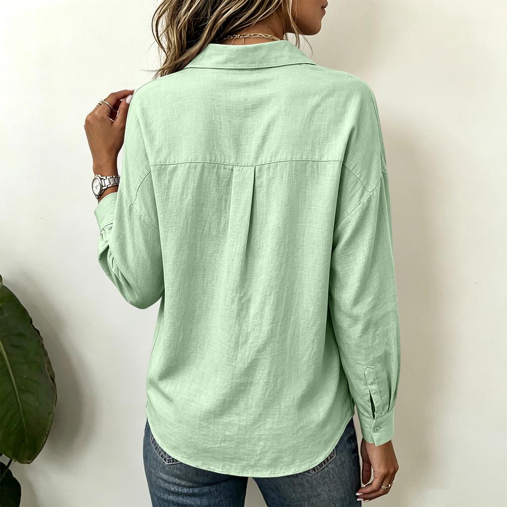 Women's Linen Button Down Long Sleeve Shirt, Loose Fit Color Casual Blouse for Commute