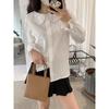 Spring Autumn Polo-neck Sweet Single Breasted Shirt Women Long Sleeve Casual White Cotton Blouse Cardigan Top