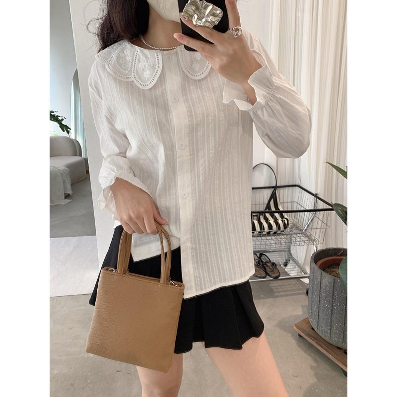 Spring Autumn Polo-neck Sweet Single Breasted Shirt Women Long Sleeve Casual White Cotton Blouse Cardigan Top
