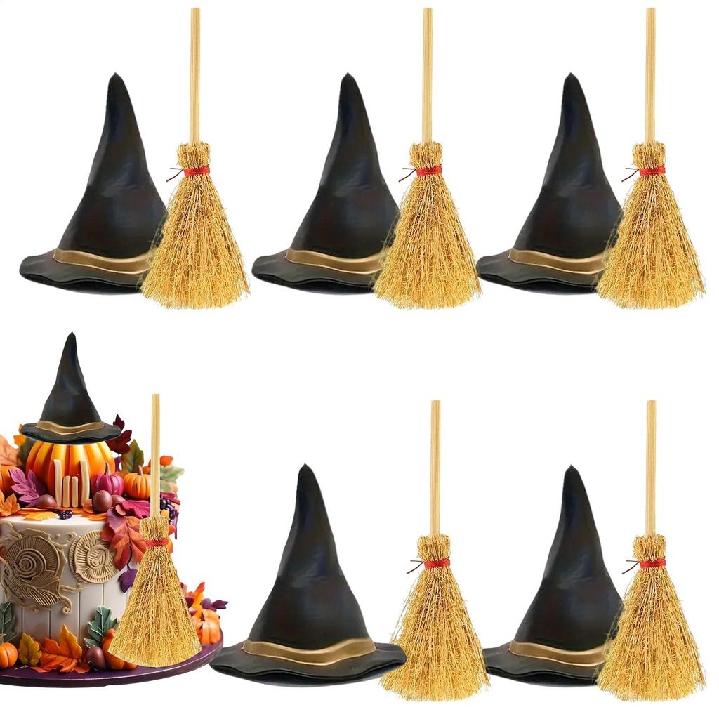 Halloween Hat Small Black Witch Hats 1 Set Miniature Decoration Broom For Party Wedding Adult Toddler Kids Doll House Baby Girls