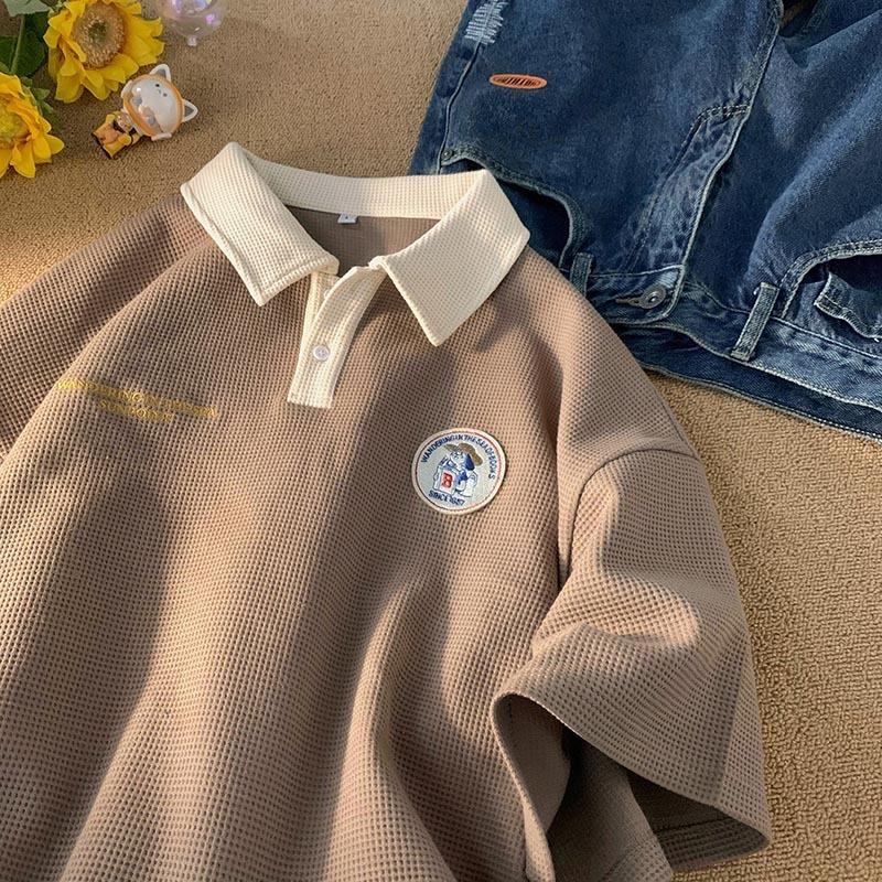 Men Waffle Knit Color Block Cartoon Embroidered Oversized Polo Shirt Casual Streetwear Summer Top