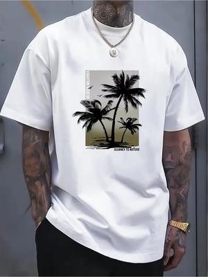 A Mens Tshirt Personalized Mens Clothing Coconut Tree Pattern Print Mens Outdoor Casual Tops Comfortable and Fashionable