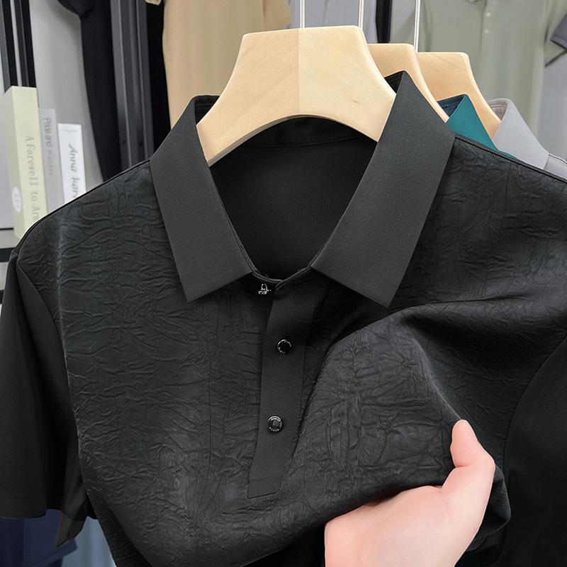 

2025 новая летняя мужская футболка с короткими рукавами и лацканами из шелка, рубашка-поло с короткими рукавами, однотонный топ M чёрный