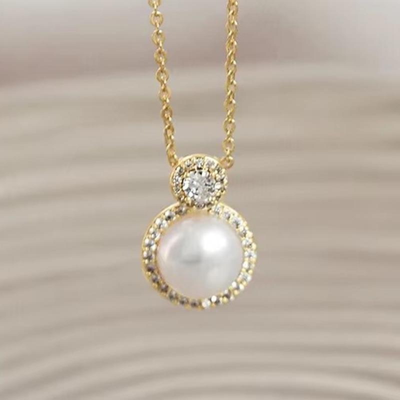 Aesthetic Imitation Pearl Pendant Necklace with Shiny CZ Trendy Graceful Accessories for Women Chic Engagement Jewelry