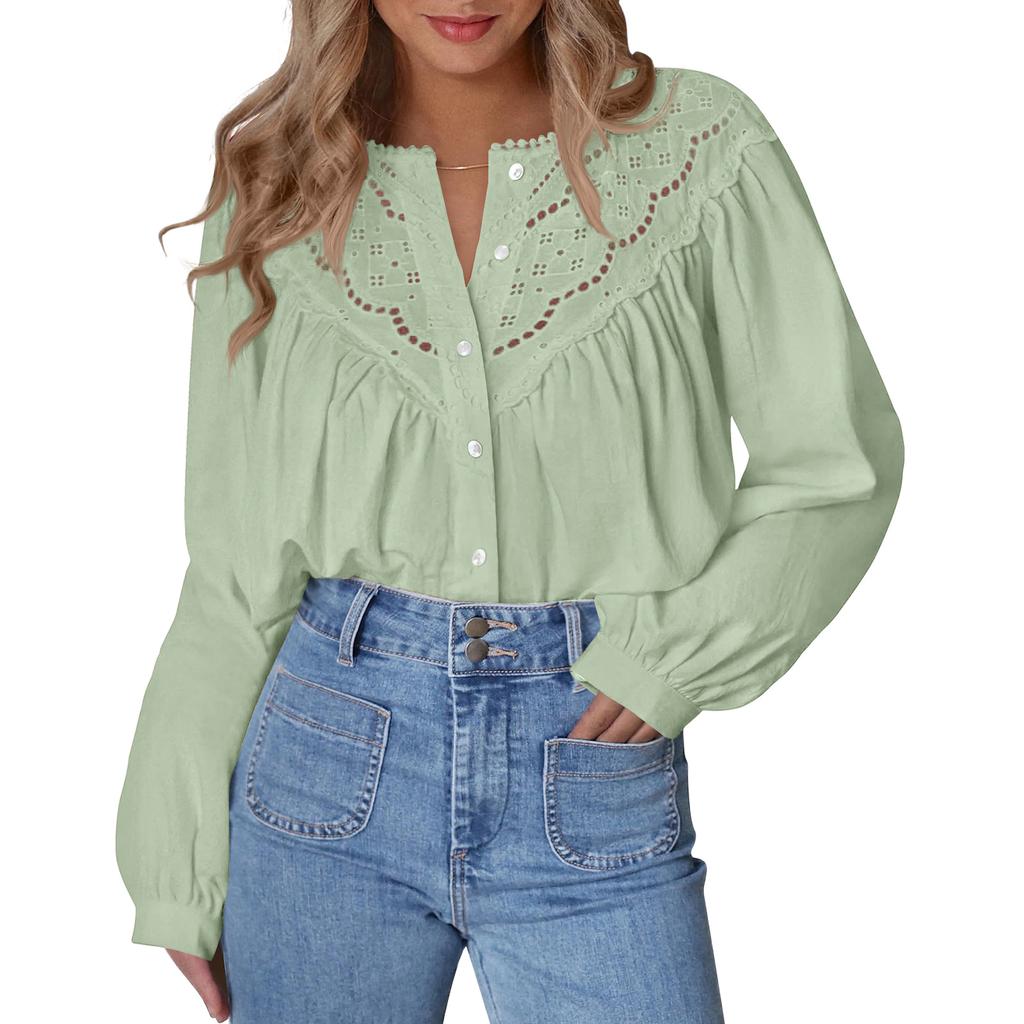 Women's Fashion Loose Lace-Up Openwork Blouse With Round Neck And Long Sleeves