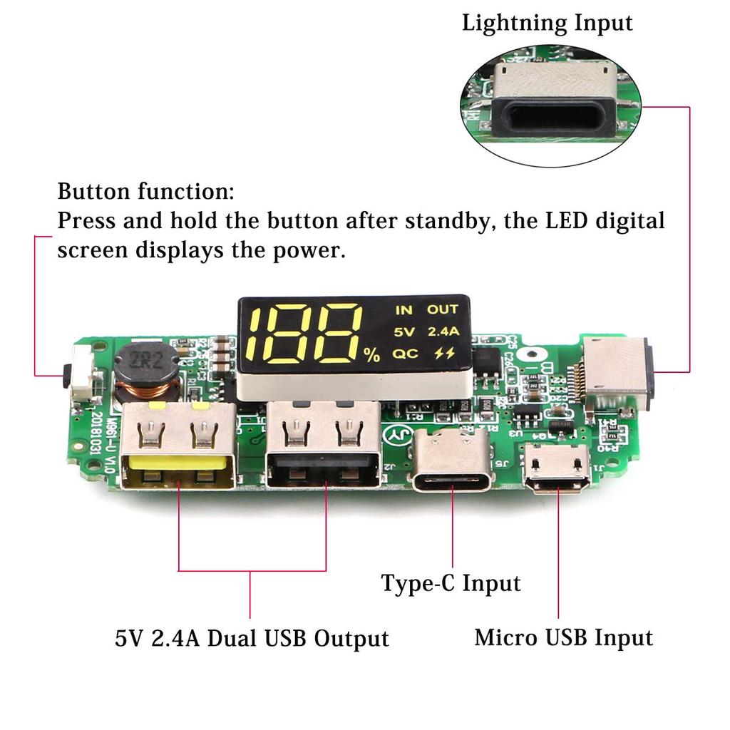 LED Dual USB 5V 2.4A Micro/for Type-C/ for USB Power Bank 18650 Charger Board Overcharge Overdischarge Short Circuit Protection