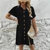 In-Stock European & American Summer Solid Color Casual Lapel Button Shirt Dress for Women