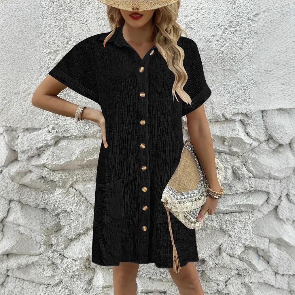 In-Stock European & American Summer Solid Color Casual Lapel Button Shirt Dress for Women