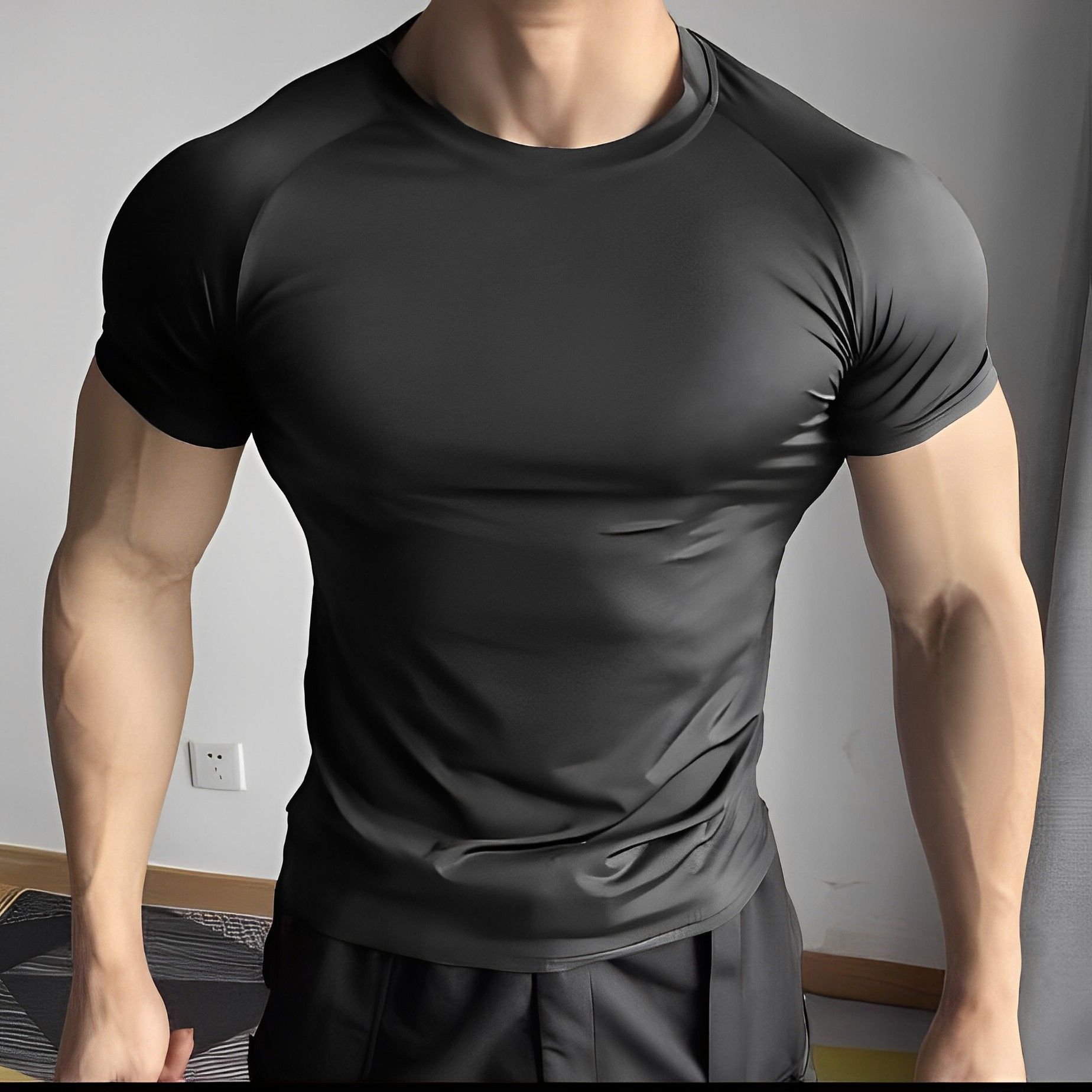 

Мужская летняя одежда, винтажные спортивные футболки из ледяного шелка с короткими рукавами, футболки, эластичные топы, блузки, рабочие костюмы, тренажерный зал, тренировки XL чёрный