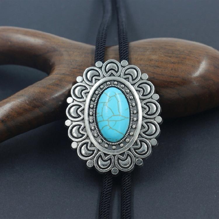 Bolo Tie for Men and Women Western Fashion Accessory with Metal Flower Turquoises Stone Accent Braided Necktie Necklace