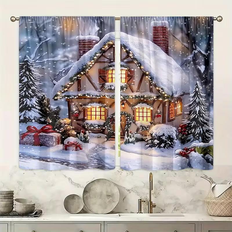 2pcs Snowy Chalet Christmas Curtains Warm Design Polyester Window Decor for Holiday Living Room Bedroom Rod Pocket Curtains
