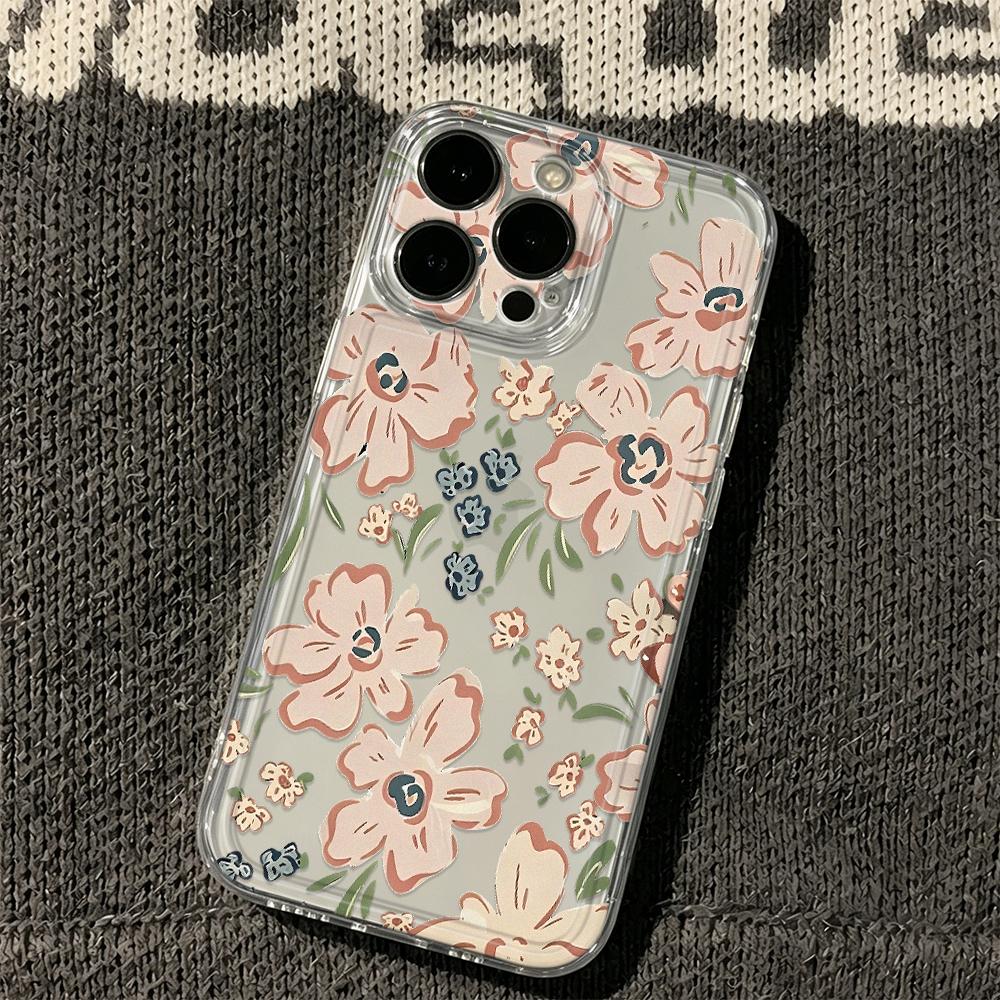 Morandi Pink Flower Soft Case For Iphone 16 Pro Case Iphone 15 13 16E 11 12 14 17 Pro Max 14 Plus 17E Shockproof Anti-Drop Cover