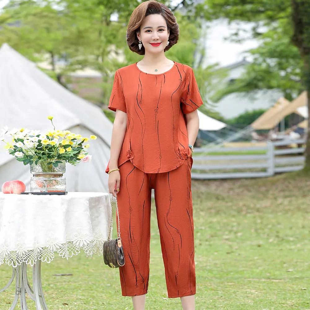 Damen Sommer Design Locker Große Größe Anzug Mittelalterliche und Ältere Bequeme Lässige Kurzarm Oberteil + Hose Zweiteiliges Set