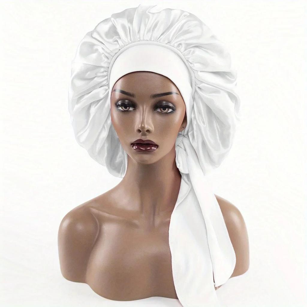 Damen Satin Erweiterte Schlafhaube Nacht-Schlafhaube mit Langem Band Haarpflege-Haube Nachtmütze Elastische Kappe De Nuit Dusch-Turban