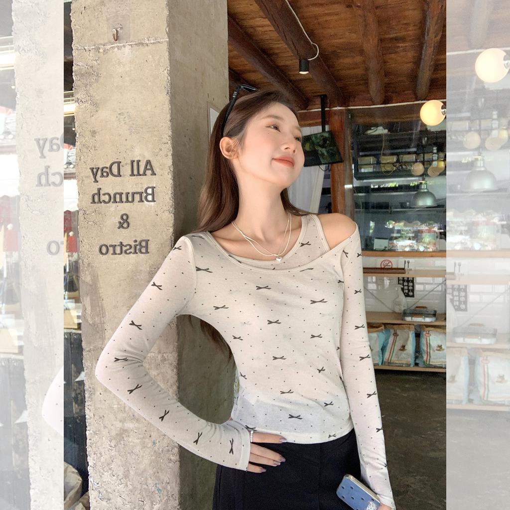 Autumn fake two-piece bow polka dot printing design sense long-sleeved T-shirt women's slim top