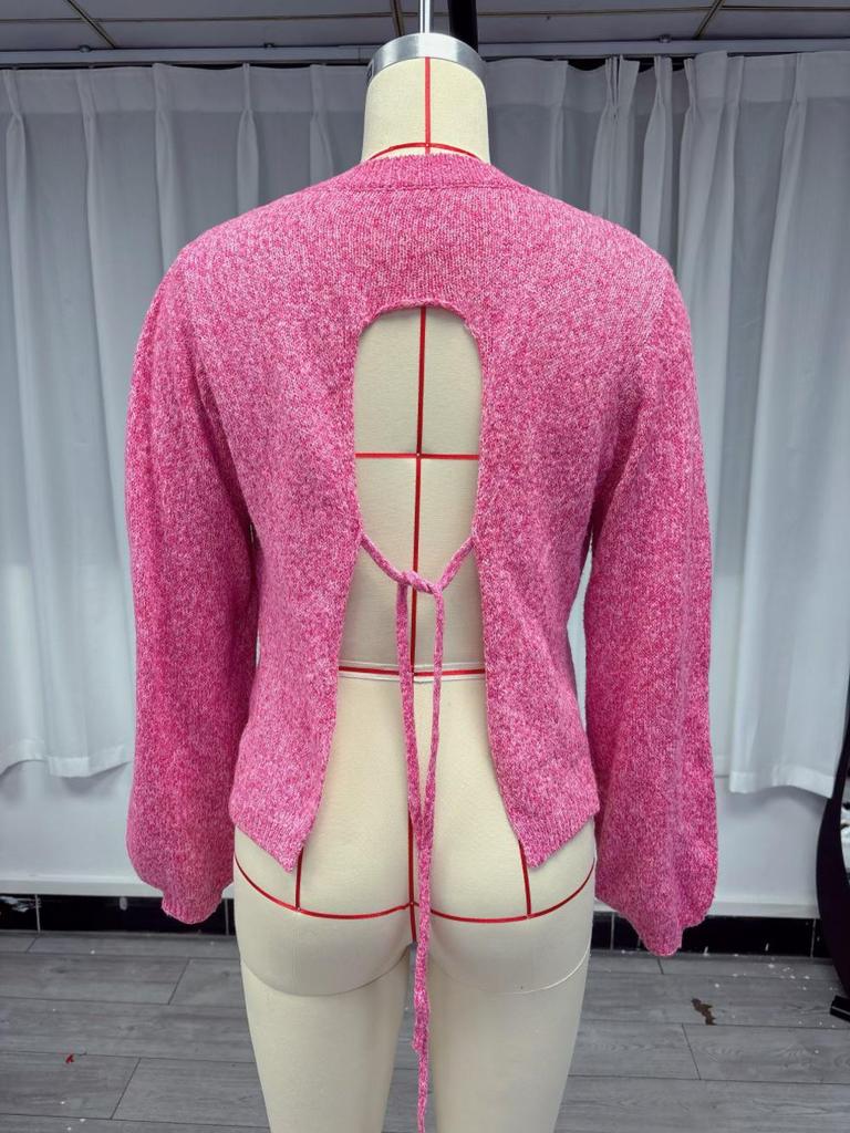 Backless Lace-Up Knitted Sweater - Women's Long Sleeve, Round Neck, Loose Fit, Sexy Design