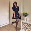 Navy Blue Tweed Blazer Collar Bubble Sleeve Dress with White Buttons