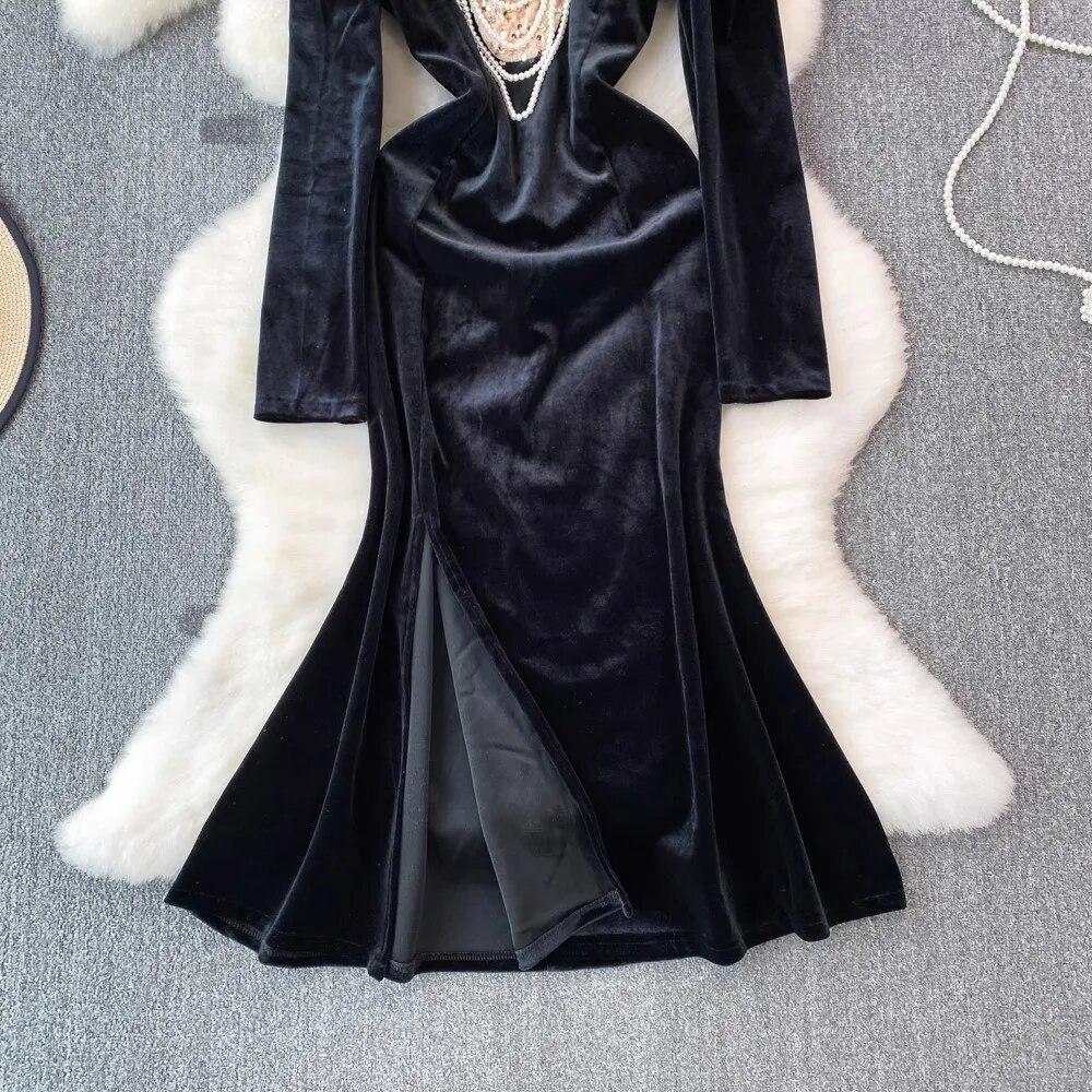 Autumn Winter Luxury Pearls Necklace Velvet Mermaid Dress Women's Stand Long Sleeve Sparkling Sequins Split Wedding Party Robe
