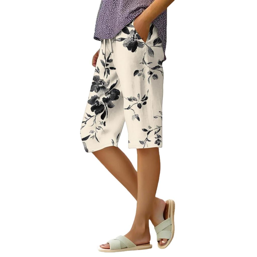 Women's Summer Fashion Retro Floral Polka Dot Print Knee Length Lightweight Elastic Waist Casual Pocket Shorts