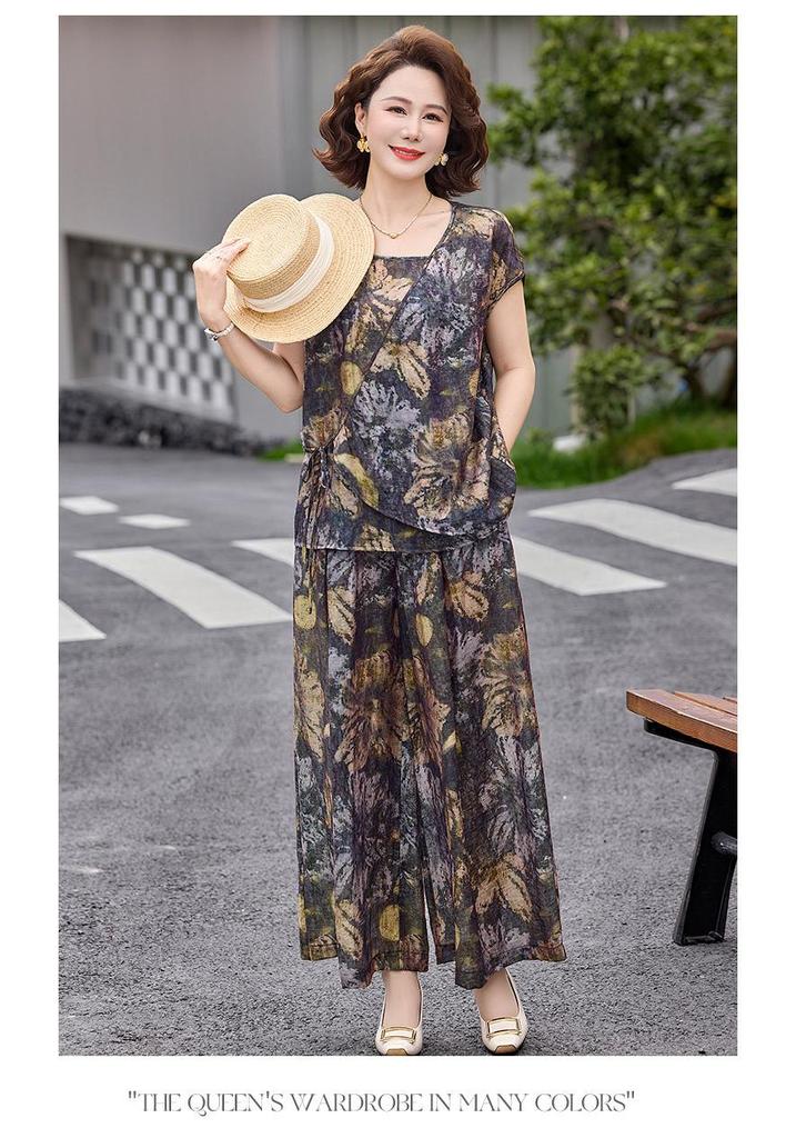 Elegant Plus Size Summer Short Sleeve Two-Piece Set for Middle-Aged Women 2026