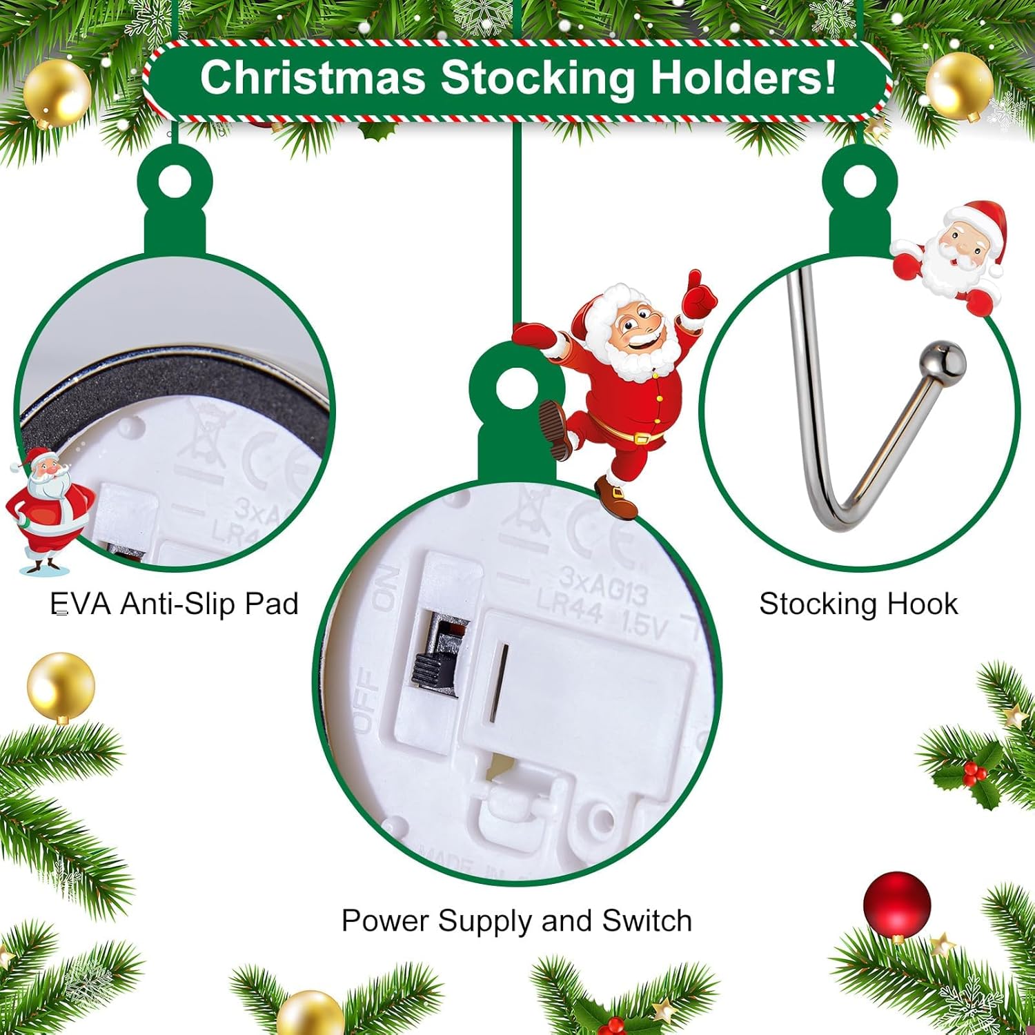 

Christmas Stocking Holders for Mantle LED Set of 3, Flickering Flameless Votive Candles Stocking Hangers for Fireplace, Candle Stocking Hook for