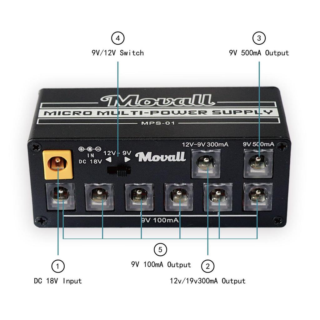 Gitarren-Effektpedal-Netzteil Movall MPS-01 8 isolierte 9V, 12V Ausgänge - 8 Ausgänge
