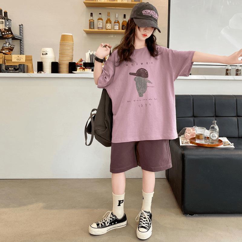 2026 Summer Kids Korean Cartoon Short Sleeve T-Shirt & Casual Shorts Set for Girls 160cm