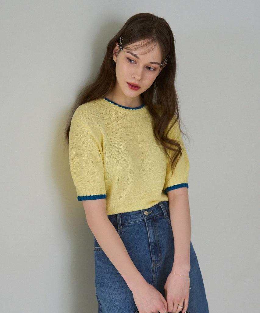 Deuloupisumeon Line Color Block Boucle Short Sleeve Knit [Lemon]