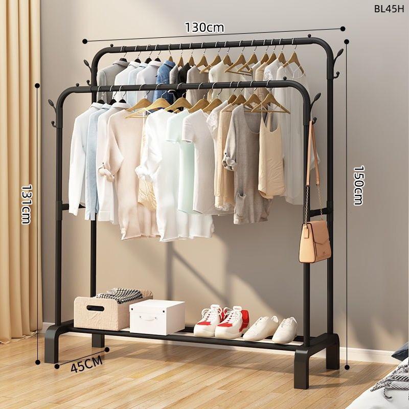 Minimalist Indoor Floor-Standing Coat Rack with Double Pole and Shelf for Bedroom or Balcony