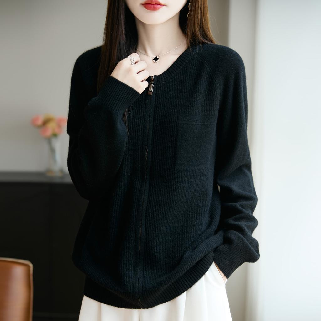 Autumn And Winter New Wool Sweater Women'S 100 Wool Cardigan Jacket Zipper Crew Neck Wool Knitted Sweater Top Open