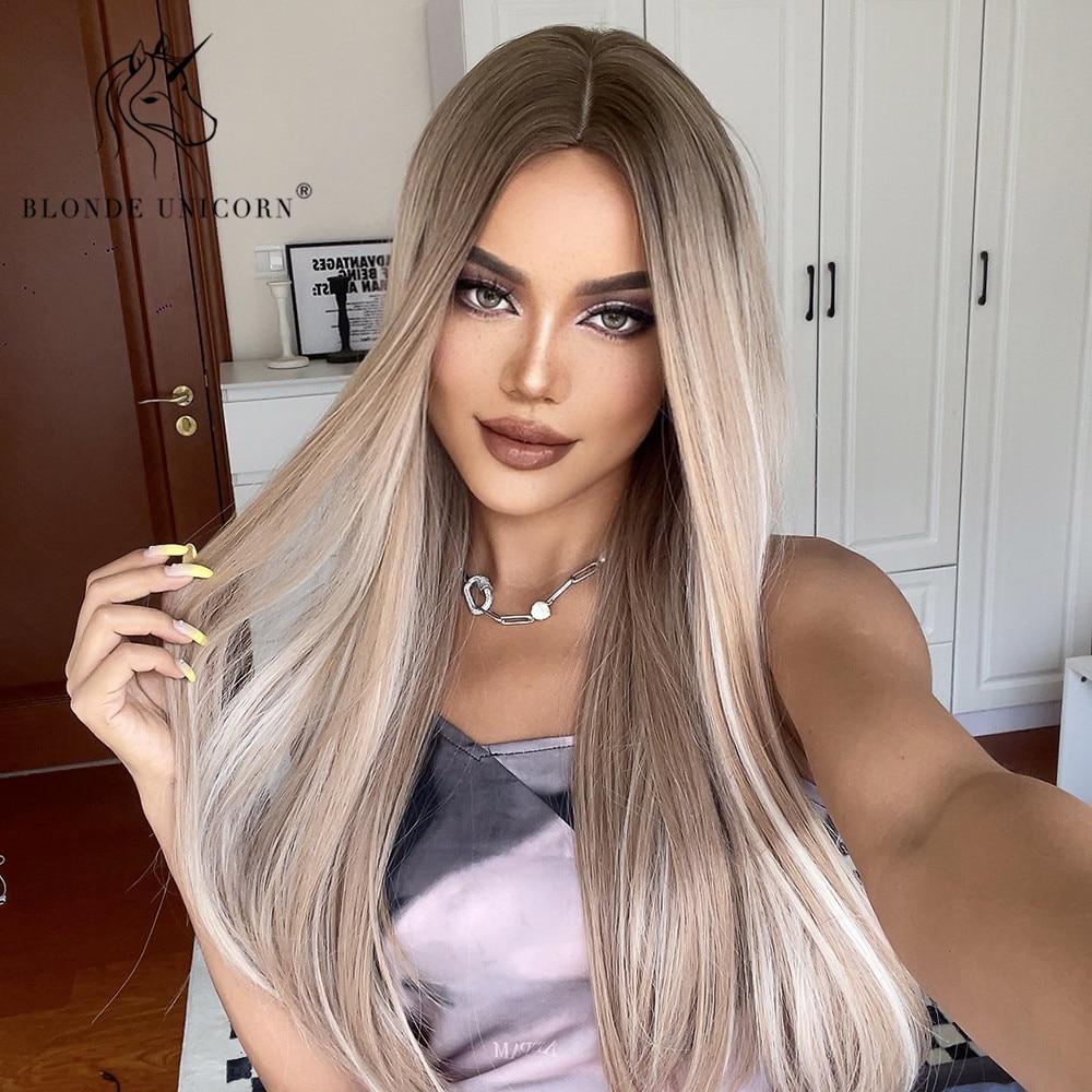 BLONDE UNICORN Synthetic Long Straight Brown Blonde Wig with Highlight Cosplay Halloween Wigs for Women Heat Resistant Fiber