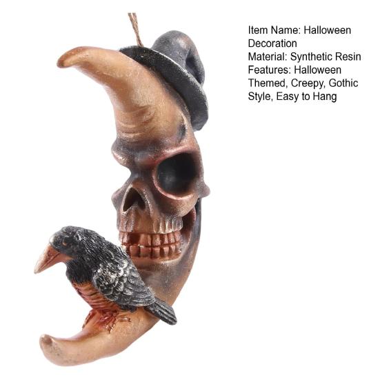 Halloween Moon Decoration Crow On The Moon Ornament Gothic Skull Face Moon with Witch Hat Decoration for Indoor