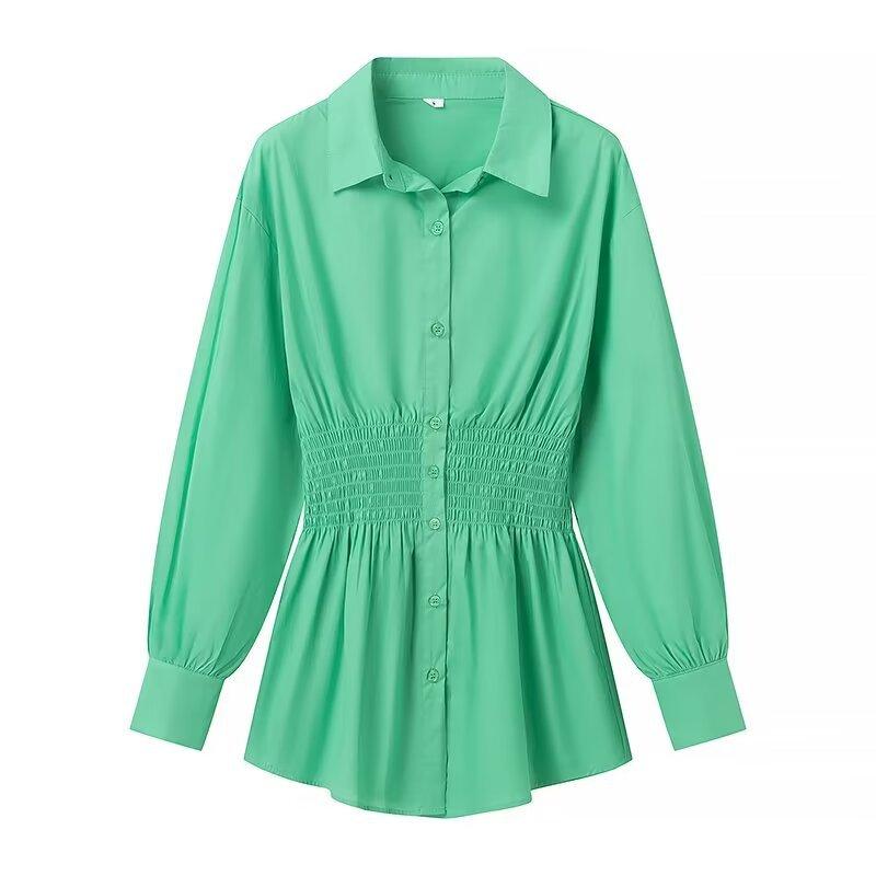 1116 summer European and American women's clothing lapel solid color loose elastic waist single-breasted long-sleeved shirt top women