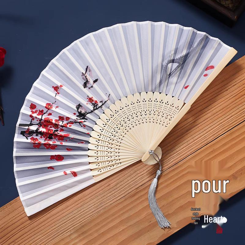 Ancient Chinese Style Black Bamboo Folding Fan for Women's Hanfu Dance Costume