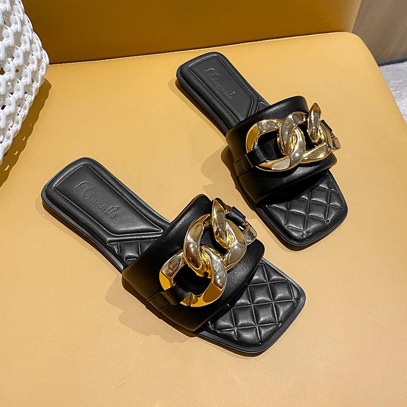 

Женские тапочки из овчины 2025 новая летняя кожаная обувь на одно слово женские летние модные пляжные туфли тренд 35 чёрный