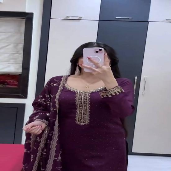Royal Deep Purple Embroidered Kurti with Palazzo & Dupatta Set